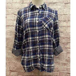 Tommy Hilfiger Womens Roll-Tab Heritage Blue Plaid Button Up Shirt Cotton Gauze